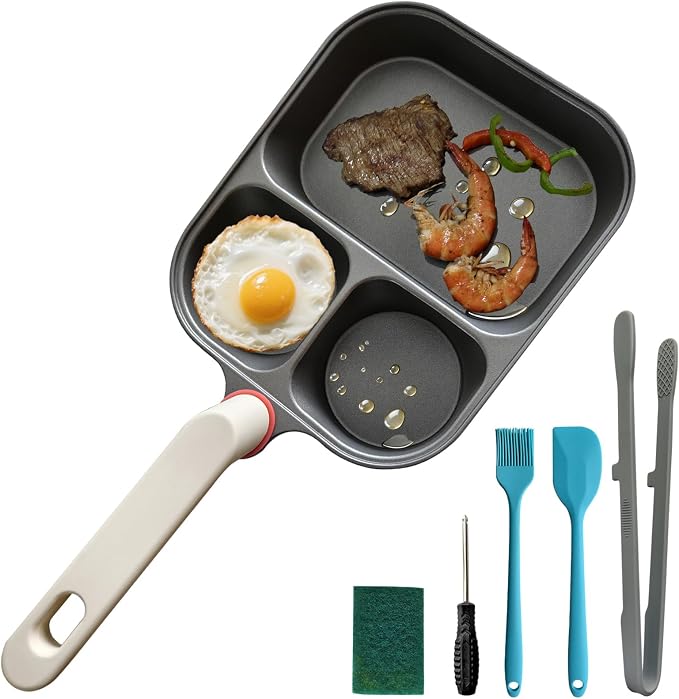 Nonstick divided breakfast pan with three cooking compartments