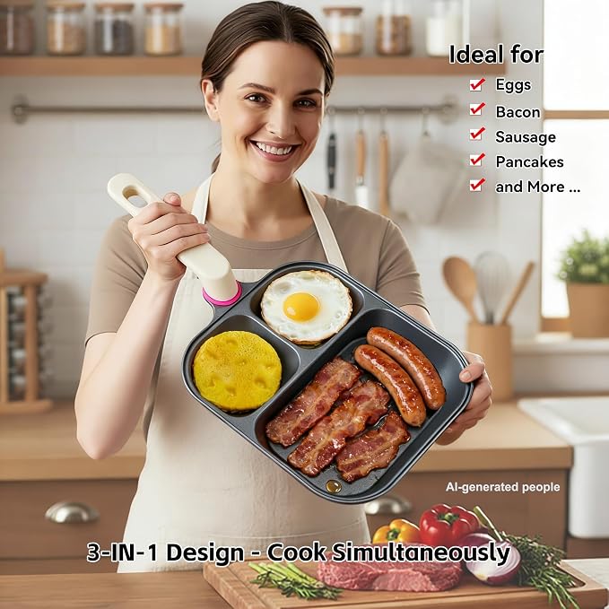 Divided egg cooking pan with separate food preparation sections