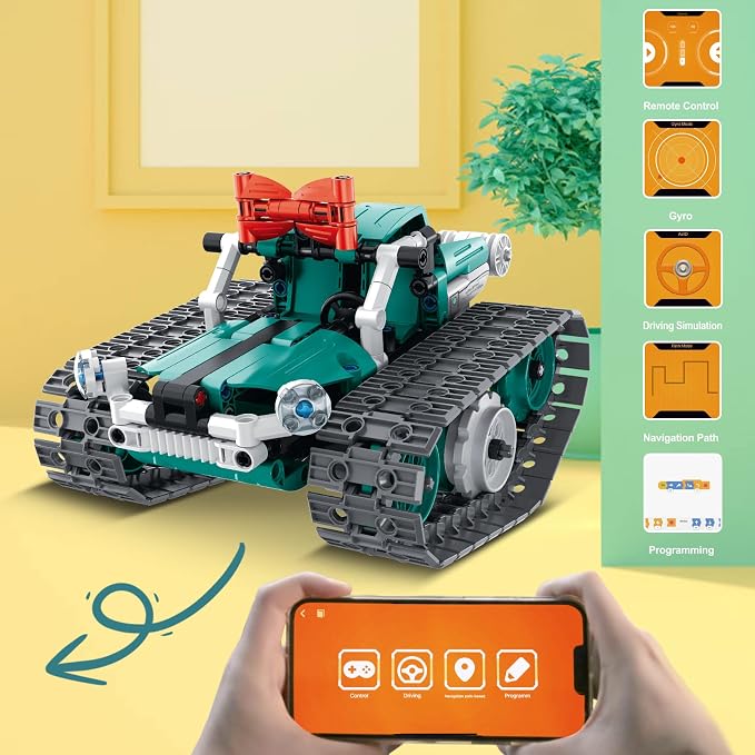 DIY robot car construction set with building components arranged for assembly.