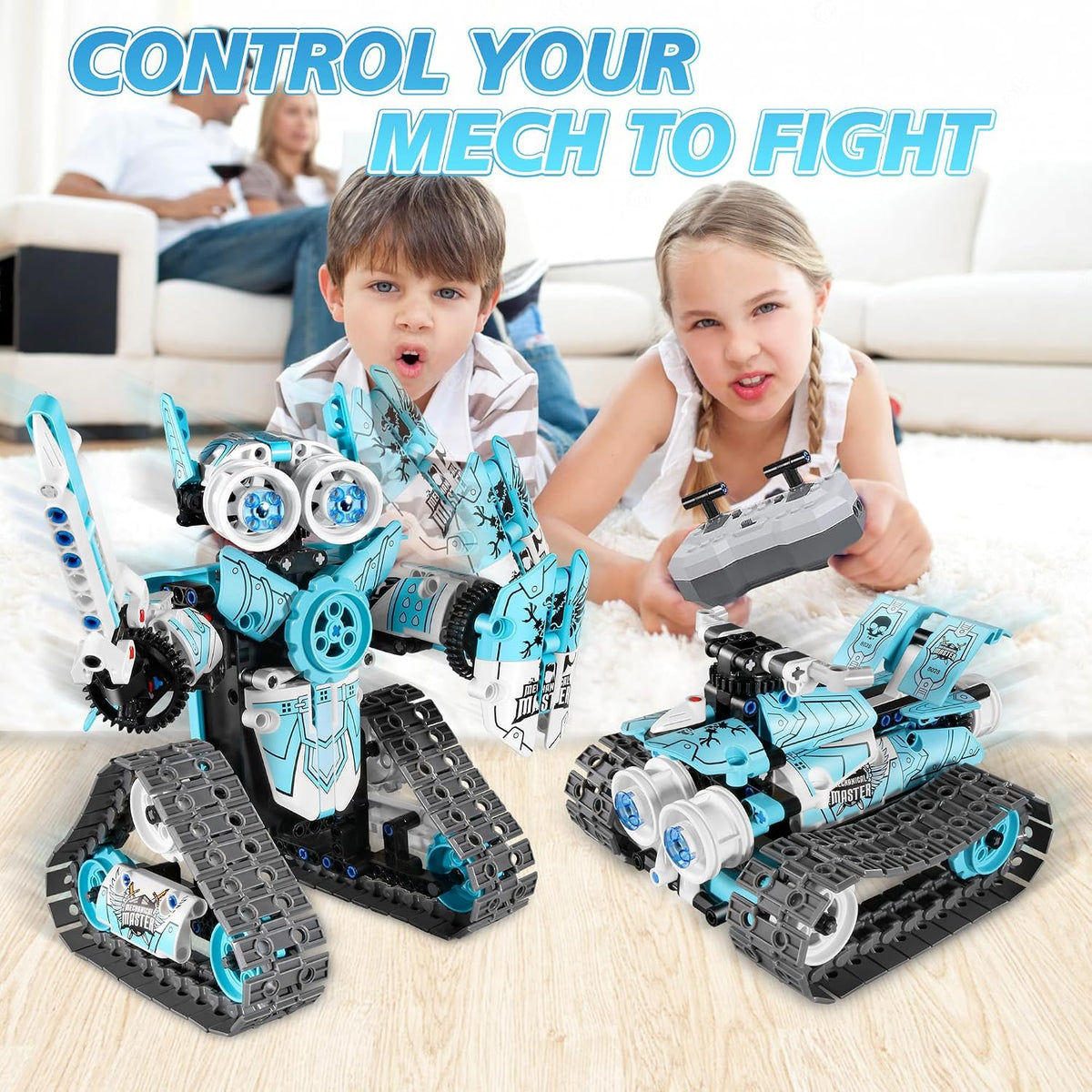 DIY robot construction set with building components arranged for assembly.