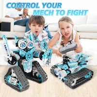 DIY robot construction set with building components arranged for assembly.