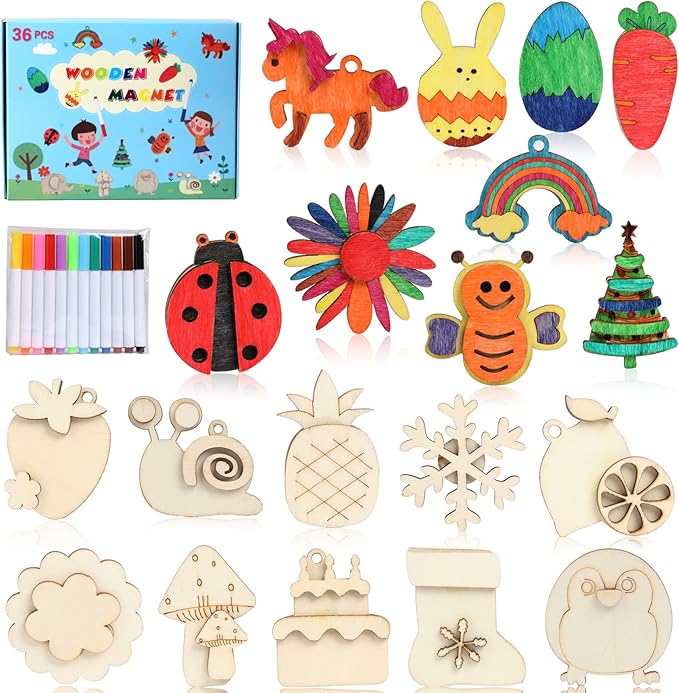 DIY wooden magnets kit for kids, includes 36 wooden pieces and paint supplies
