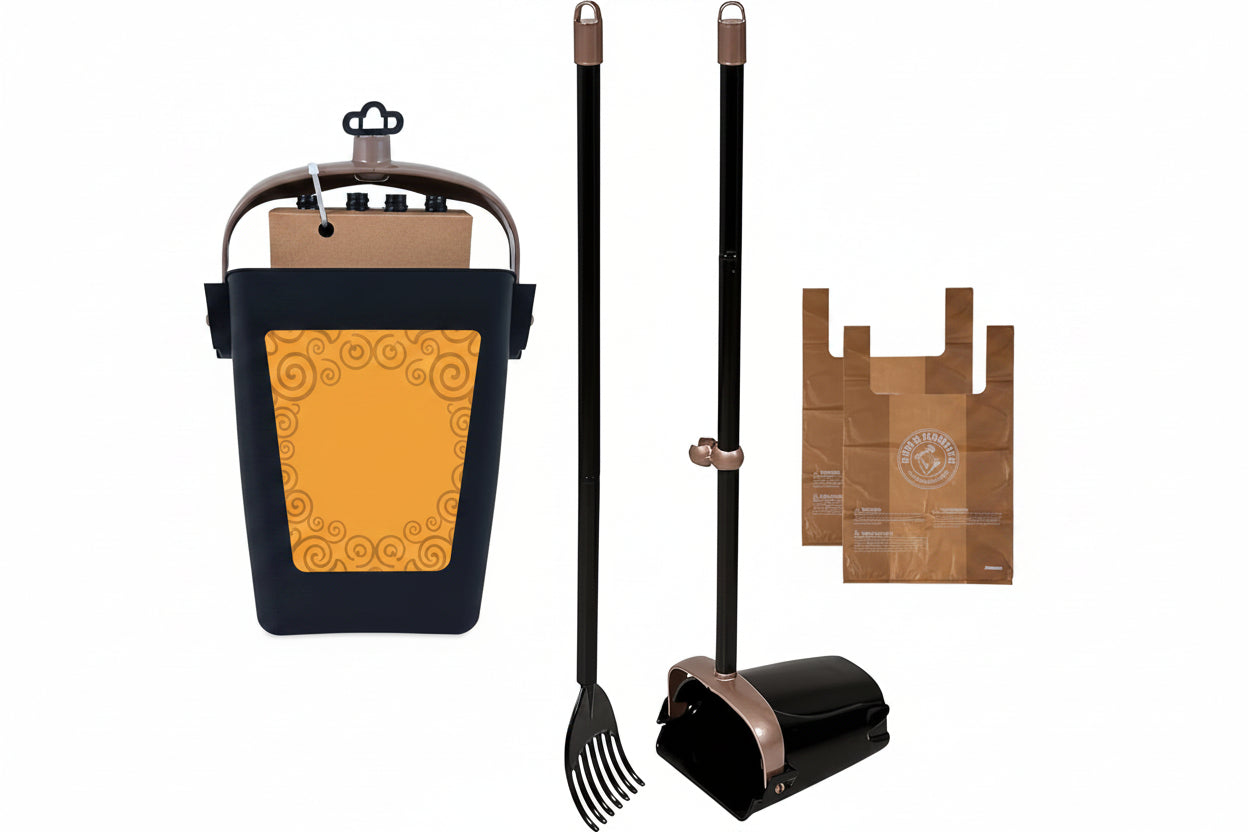 Dog cleanup scoop set with swivel bin and rake