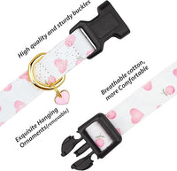 Close-up of heart pattern on a cotton dog collar.