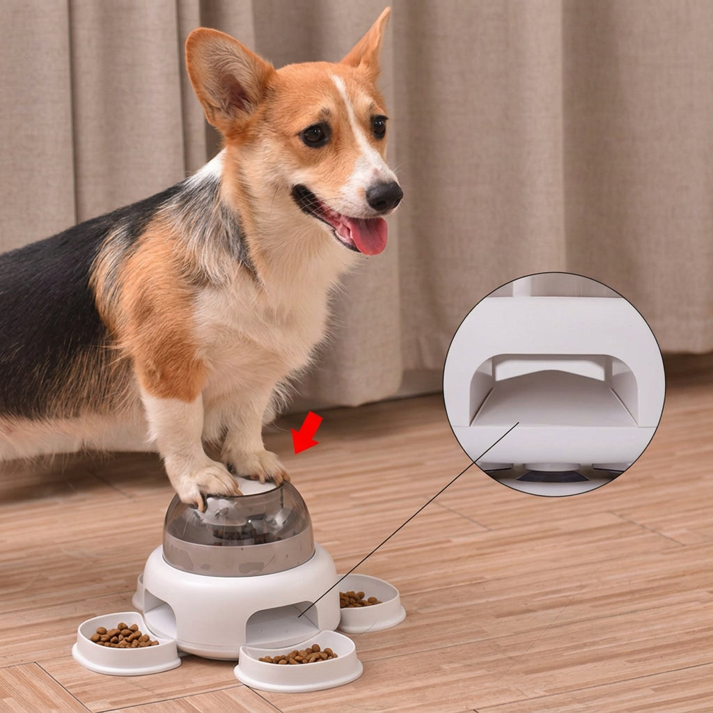 Dog enrichment feeder toy with interactive treat dispensing function