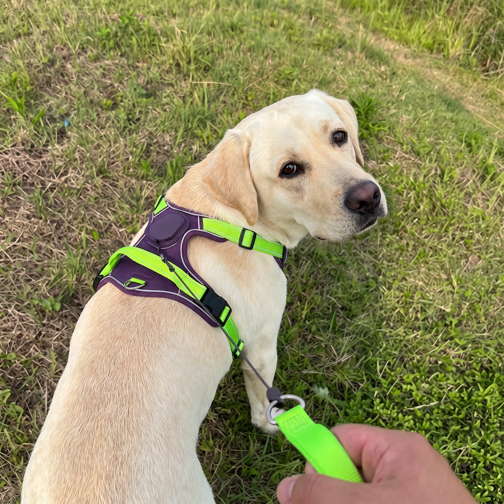 Alt Text: Dog harness showing adjustable straps and secure buckle design