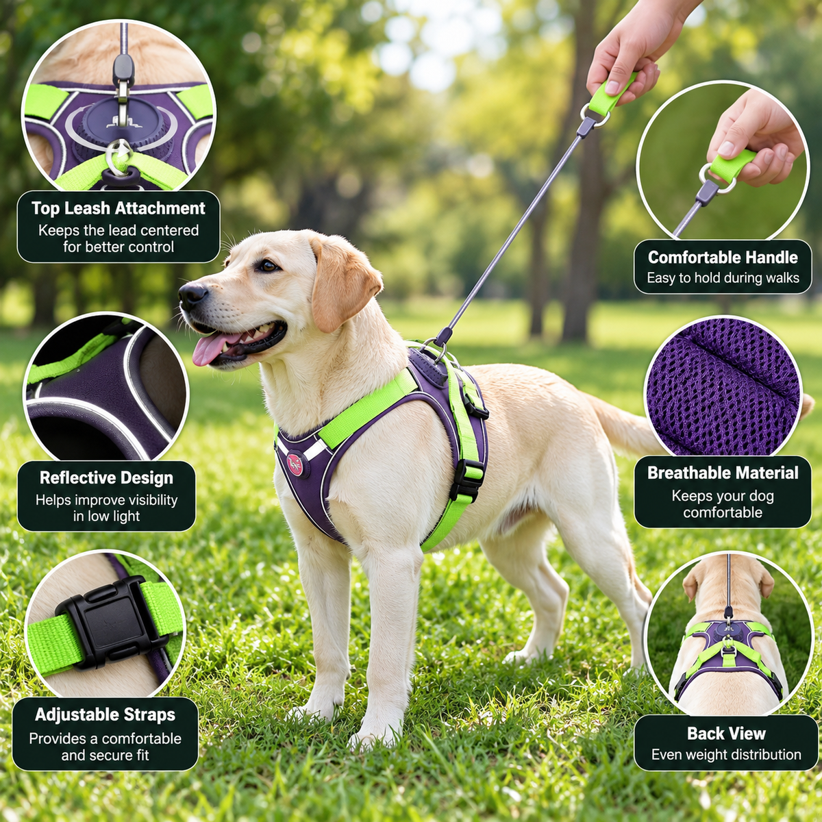 Dog harness with top leash attachment and integrated retractable lead