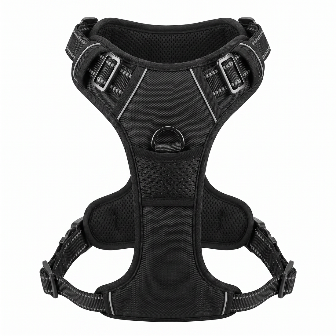 Black adjustable dog harness vest with 2 leash clips