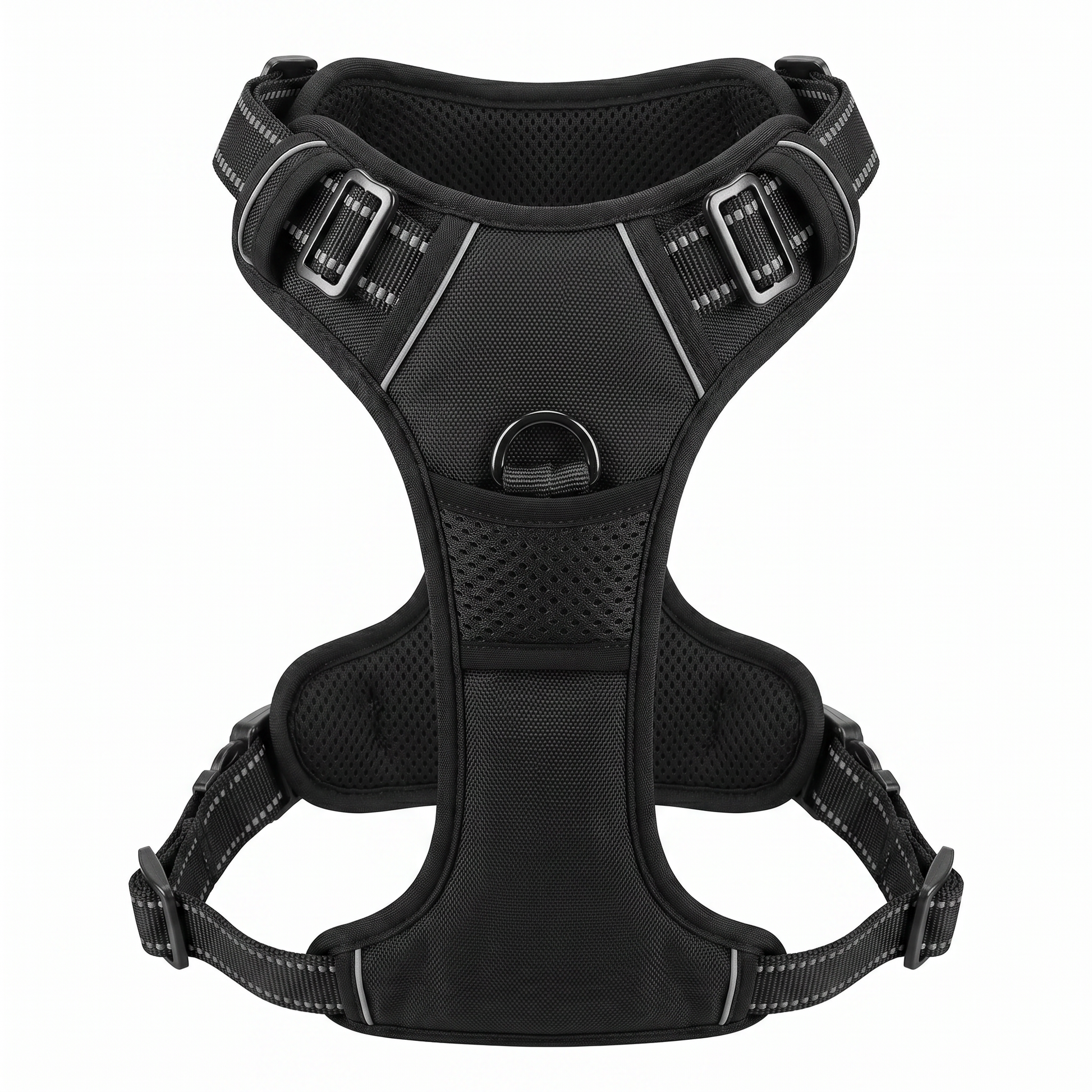Black adjustable dog harness vest with 2 leash clips