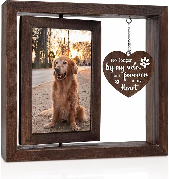 Rotating Wooden Picture Frame for Dog Memorial, 4x6 Photo Display
