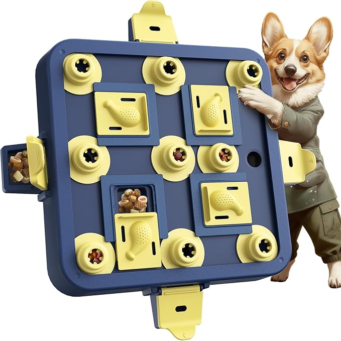 Dog puzzle toy with treat compartment and slow feeder design, suitable for dogs during supervised daily play and feeding time.