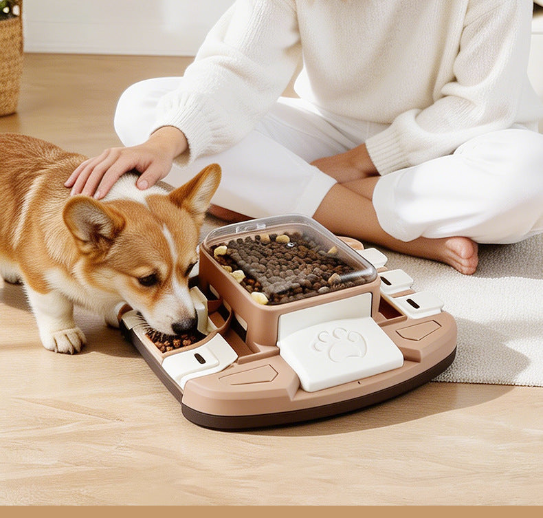 Dog slow feeding puzzle bowl with interactive sliding compartments
