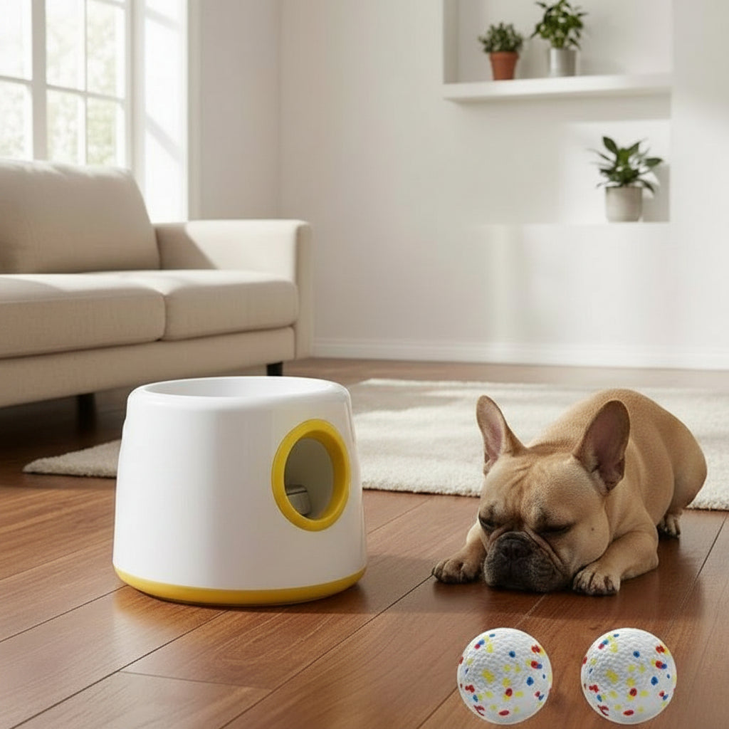 Dog fetch toy with automatic ball launcher and included tennis balls
