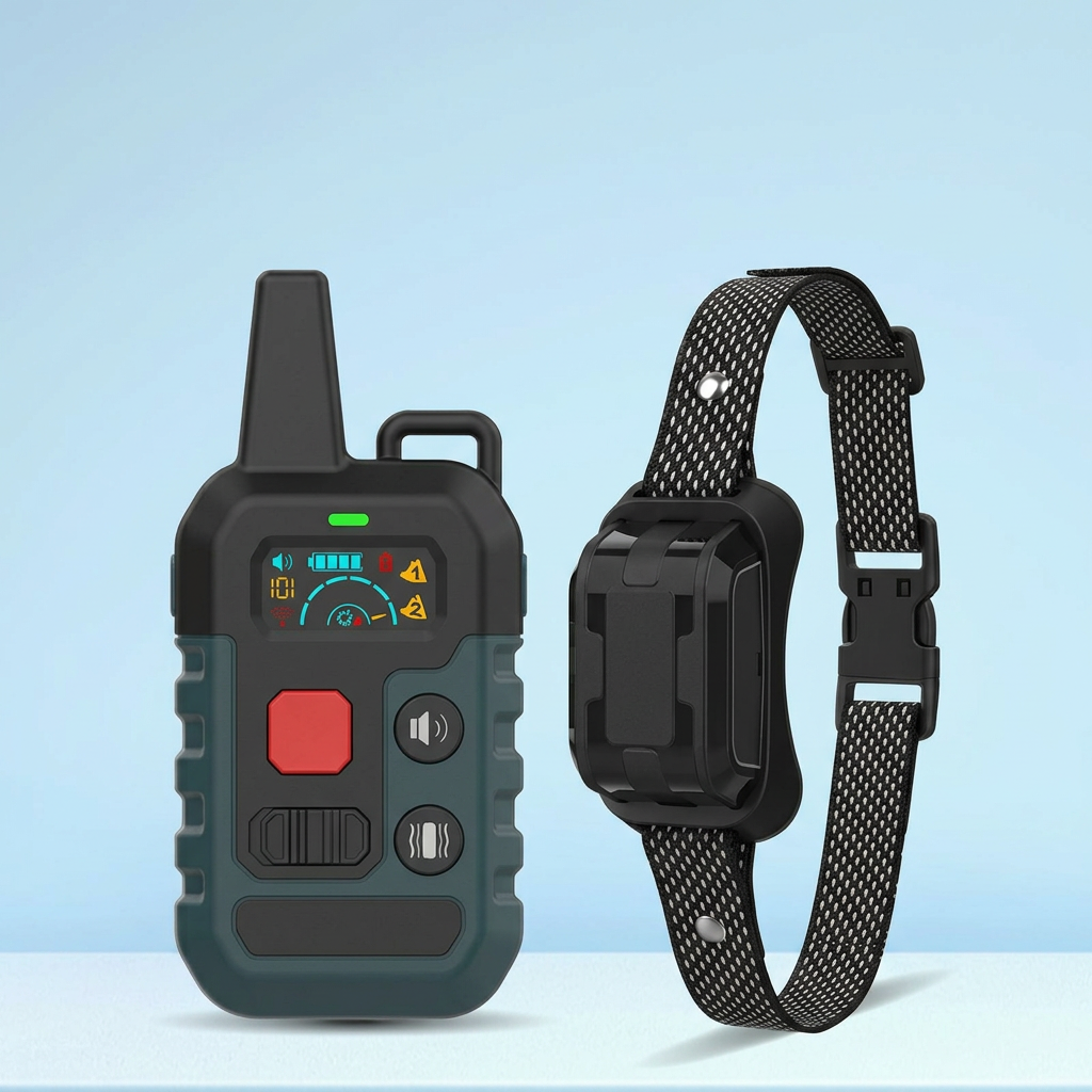 Dog training device with handheld remote control