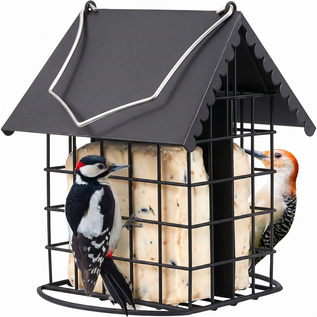  double suet metal bird feeder with perch and weatherproof roof for outdoors