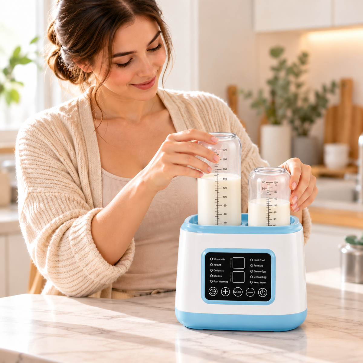 Electric double bottle warmer designed to hold two baby feeding bottles