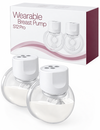 Double wearable electric breast pump with compact white motor units and transparent milk collectors