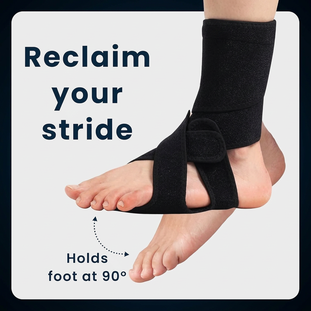 Side view of adjustable AFO ankle brace showing straps and arch support for foot drop, MS, and spinal cord injury