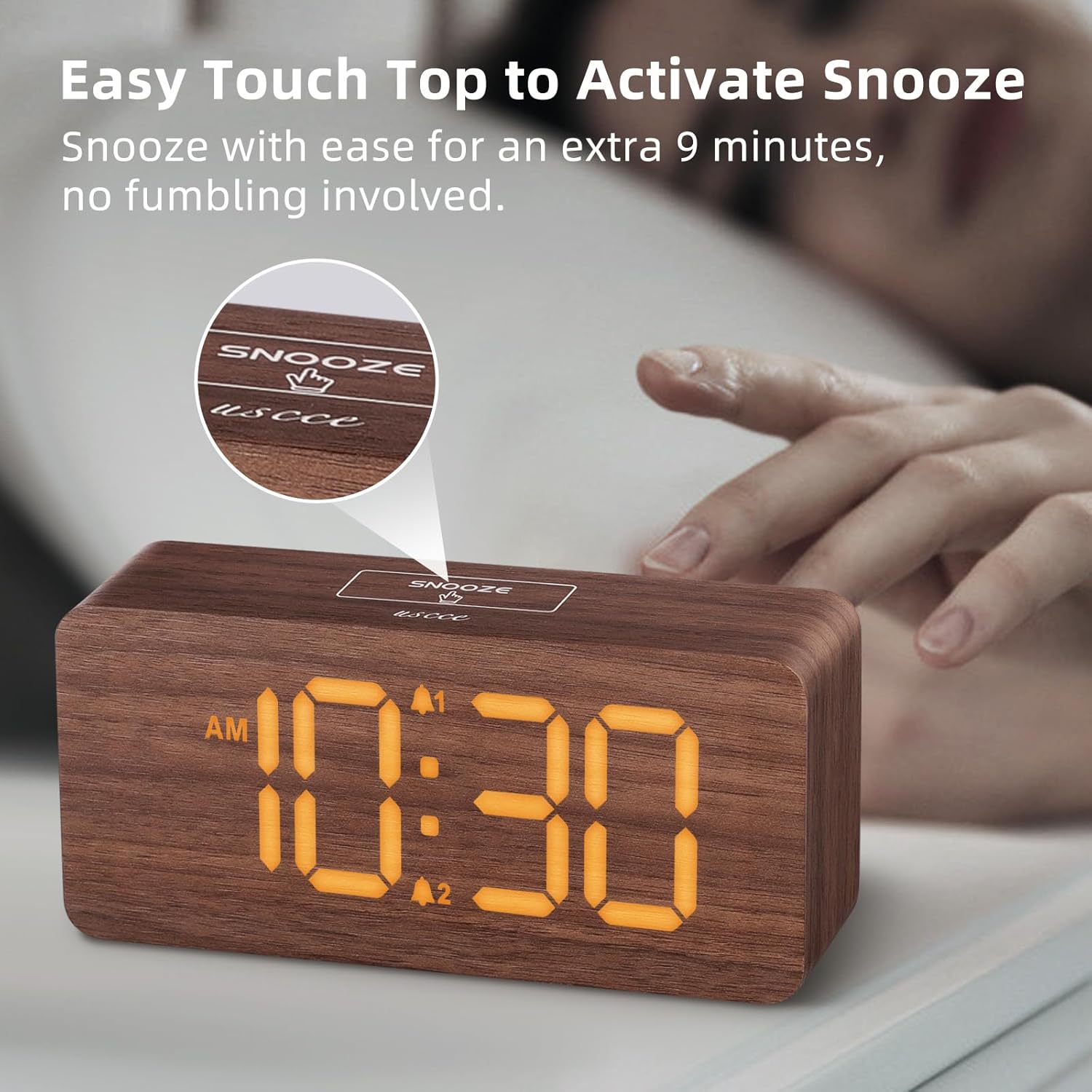 Dimmable LED wooden alarm clock with clear digital numbers