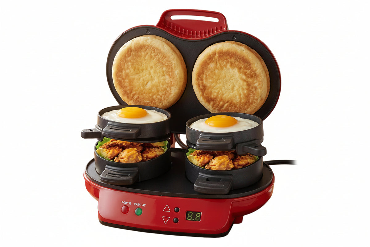 Dual cooking electric breakfast machine for sandwiches and bread