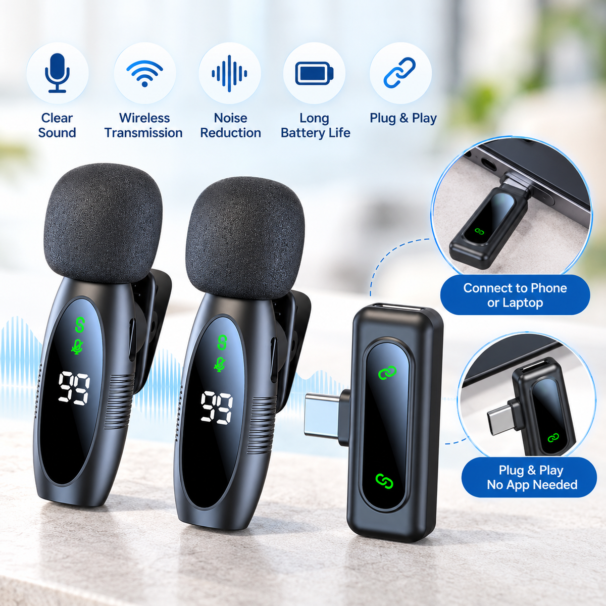 Pair of lightweight audio transmitters with clothing clips designed for a two-speaker recording setup.