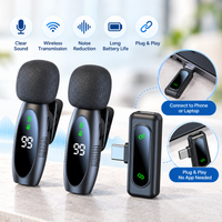 Pair of lightweight audio transmitters with clothing clips designed for a two-speaker recording setup.