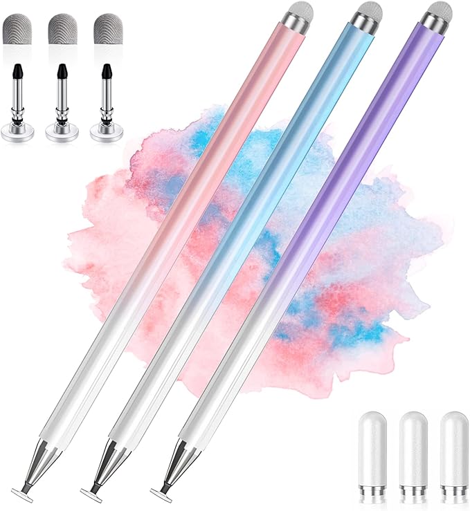 Three dual-tip touchscreen stylus pens in blue pink and purple