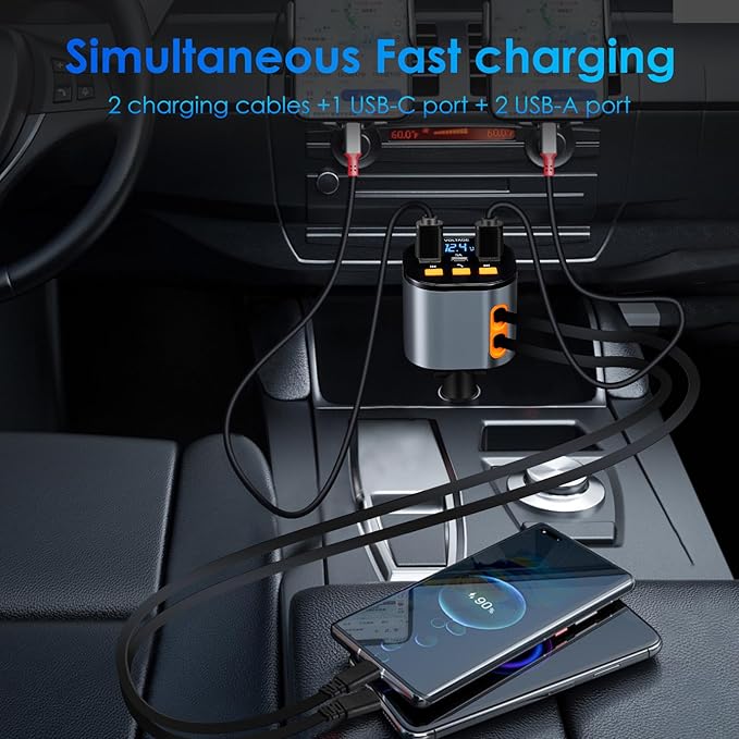Dual USB Car Charger With Two Retractable Charging Cables