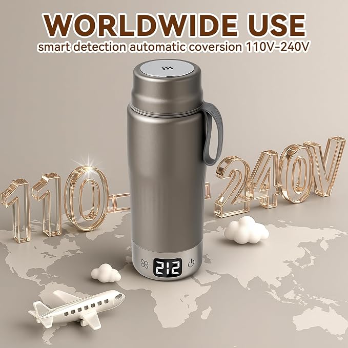 Portable travel kettle with 110V to 240V dual voltage compatibility
