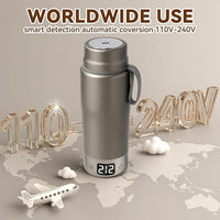 Portable travel kettle with 110V to 240V dual voltage compatibility