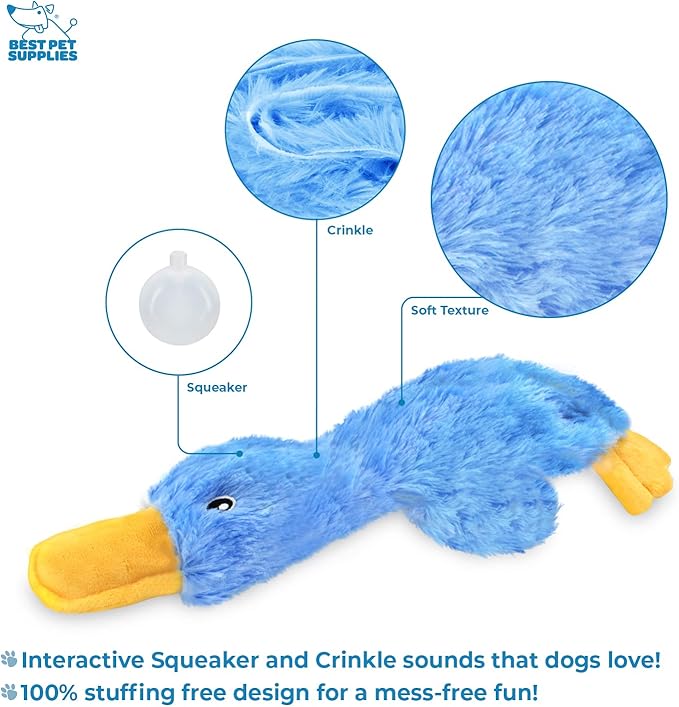 Crinkle sound detail on a plush duck dog toy