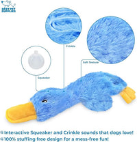Crinkle sound detail on a plush duck dog toy