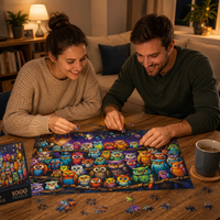 Adults assembling colorful owl jigsaw puzzle together during cozy indoor activity
