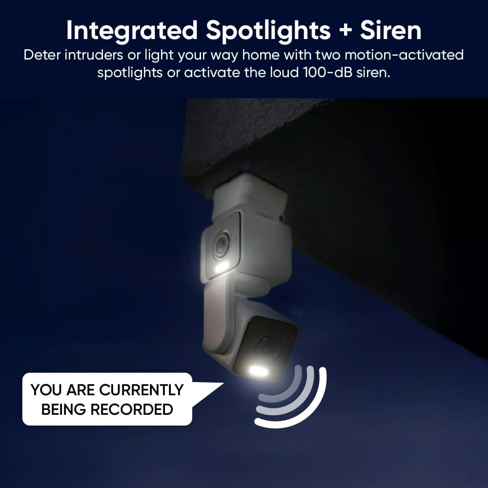 Duo Cam Pan 2K camera for indoor and outdoor use, compatible with Alexa and Google Assistant for hands-free control.