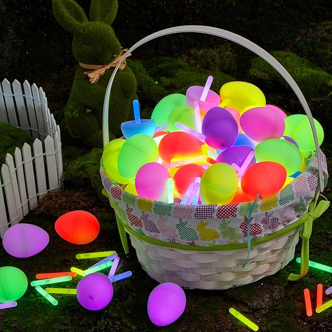 Glow-in-the-dark Easter eggs with mini glow sticks, perfect for egg hunts
