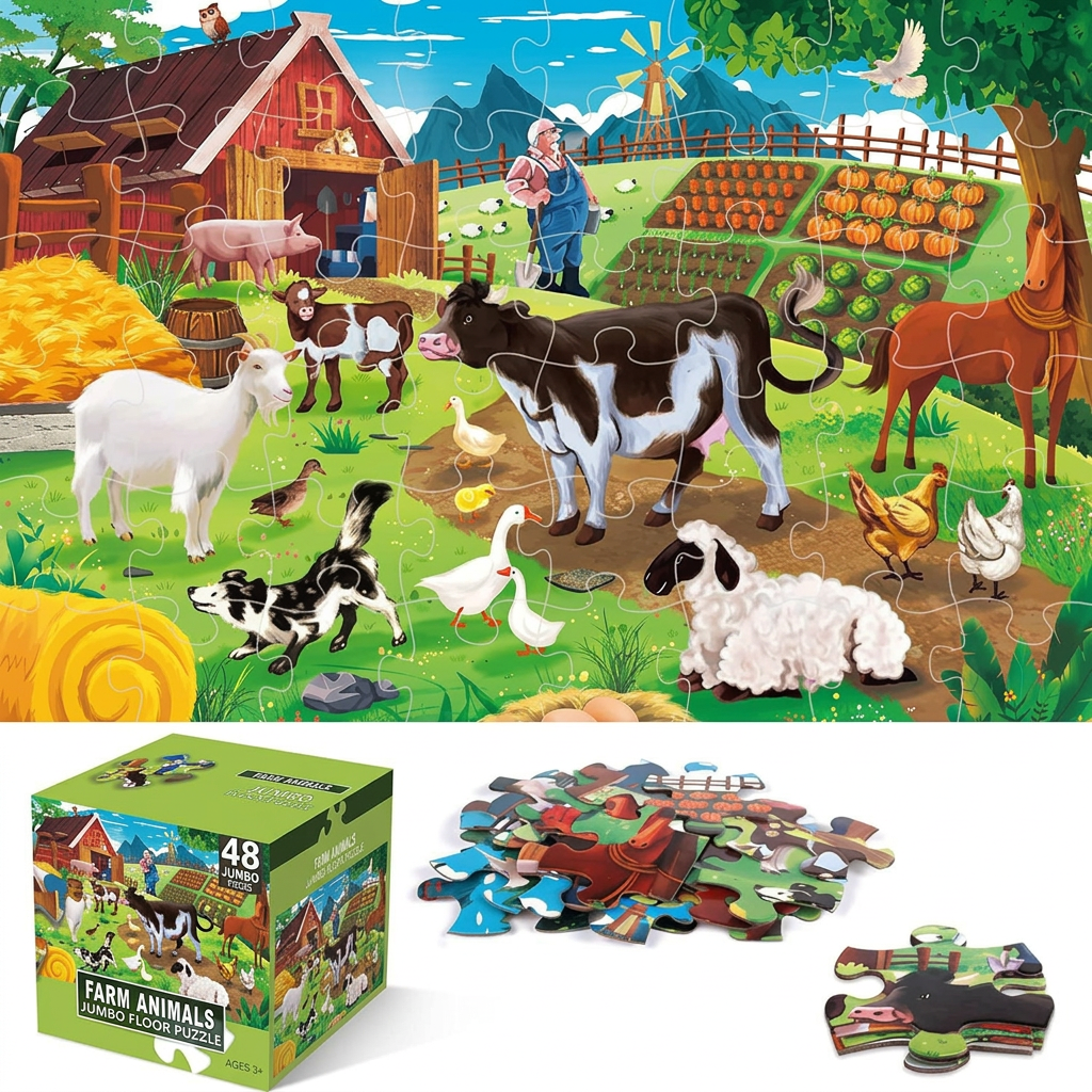 Large Piece Toddler Puzzle – 48 Pieces Educational Farm Animal Jigsaw for 3-5 Year Olds