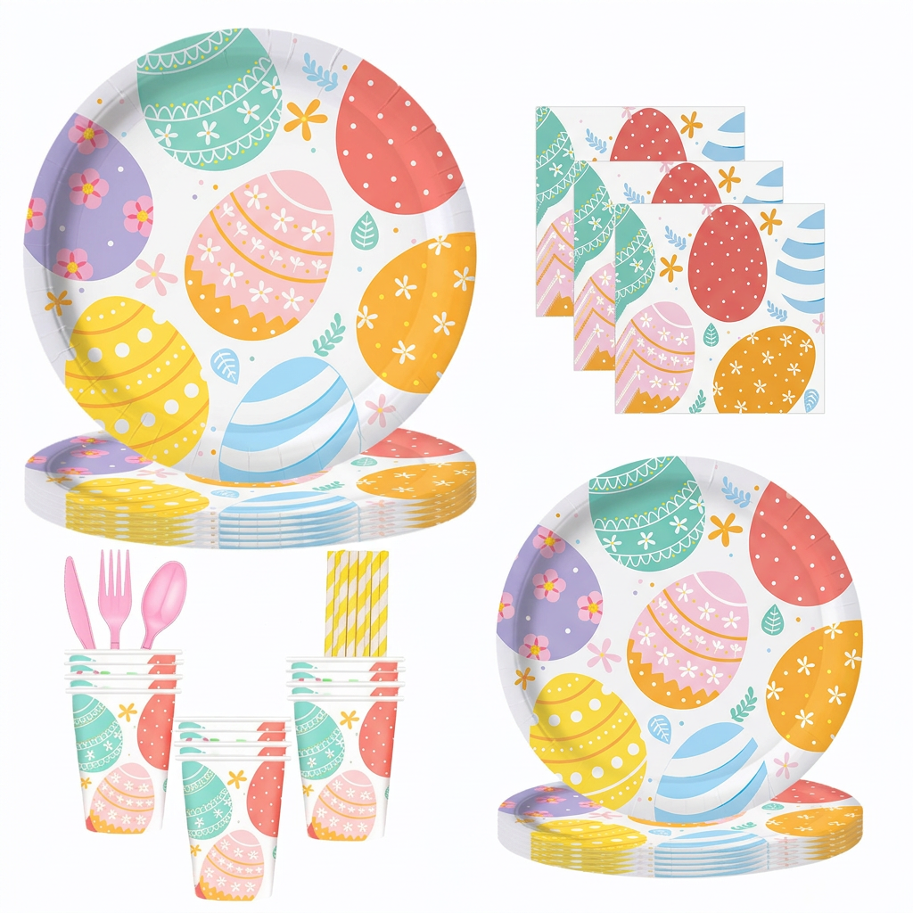 90-piece Easter tableware set with colorful eggs pattern, includes plates, cups, napkins, and spoons
