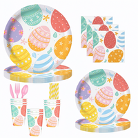 90-piece Easter tableware set with colorful eggs pattern, includes plates, cups, napkins, and spoons