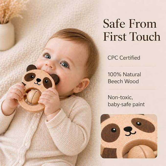 Easy hold wooden baby rattle toy for supervised infant play routines