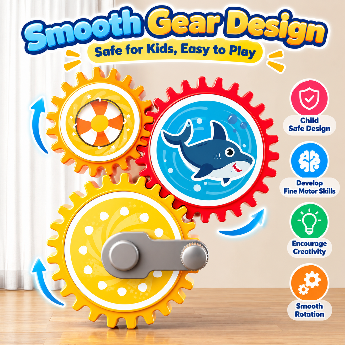 Educational gear assembly toy displaying its building bricks and gear-themed pieces.