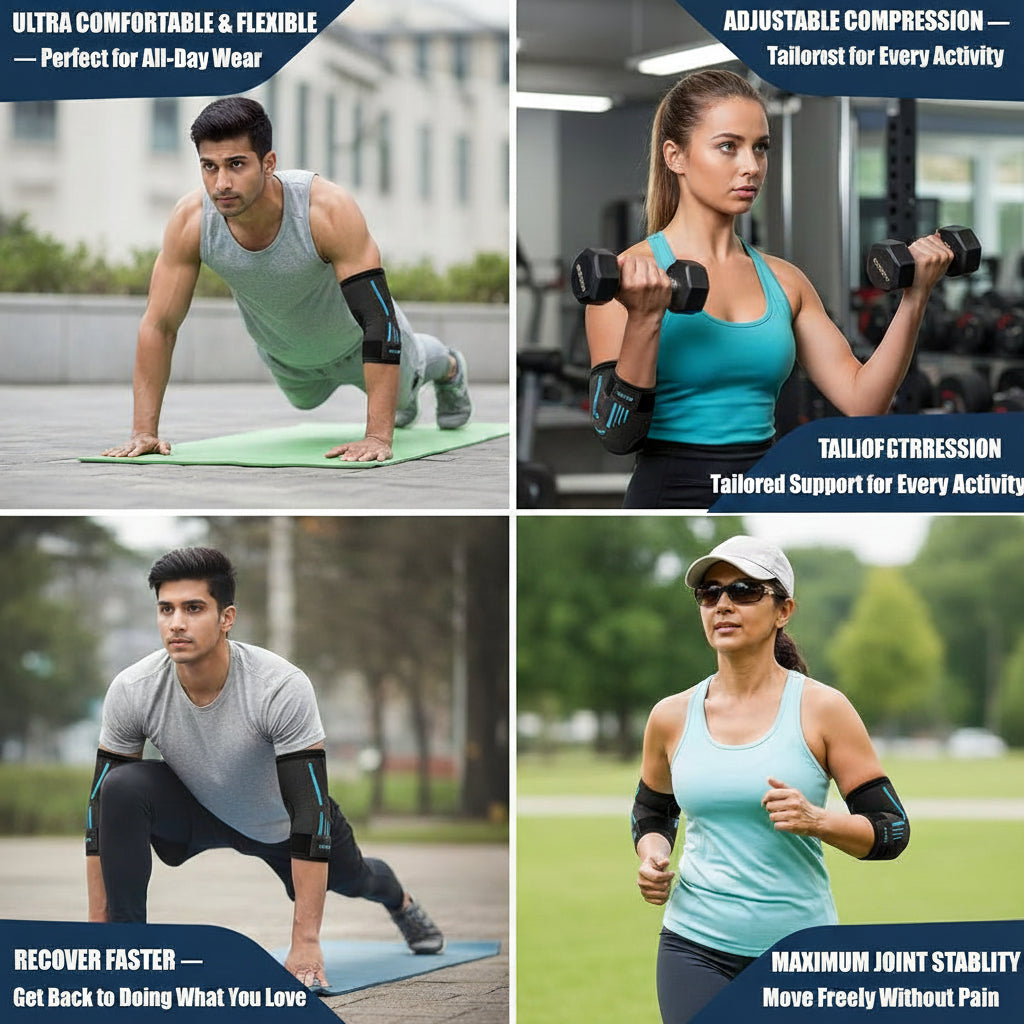 Side view of ergonomic elbow compression sleeve showing breathable and flexible material