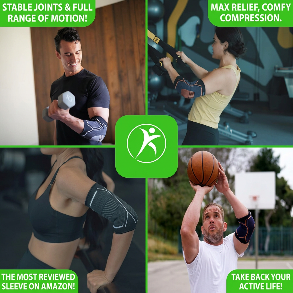 Side view of ergonomic elbow compression sleeve showing secure fit and flexible material
