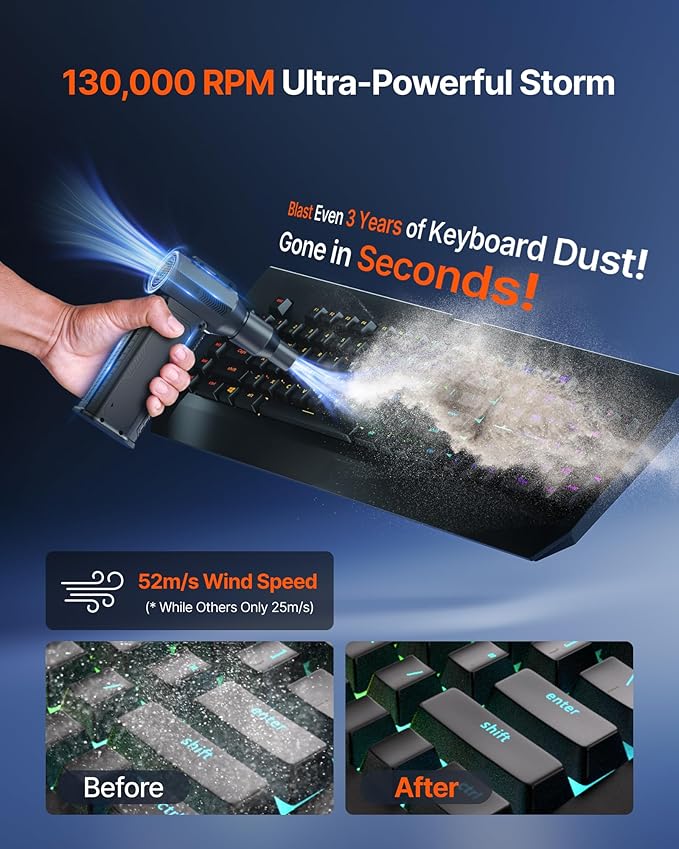 Portable electric air duster removing dust from laptop vents and CPU.