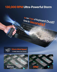 Portable electric air duster removing dust from laptop vents and CPU.
