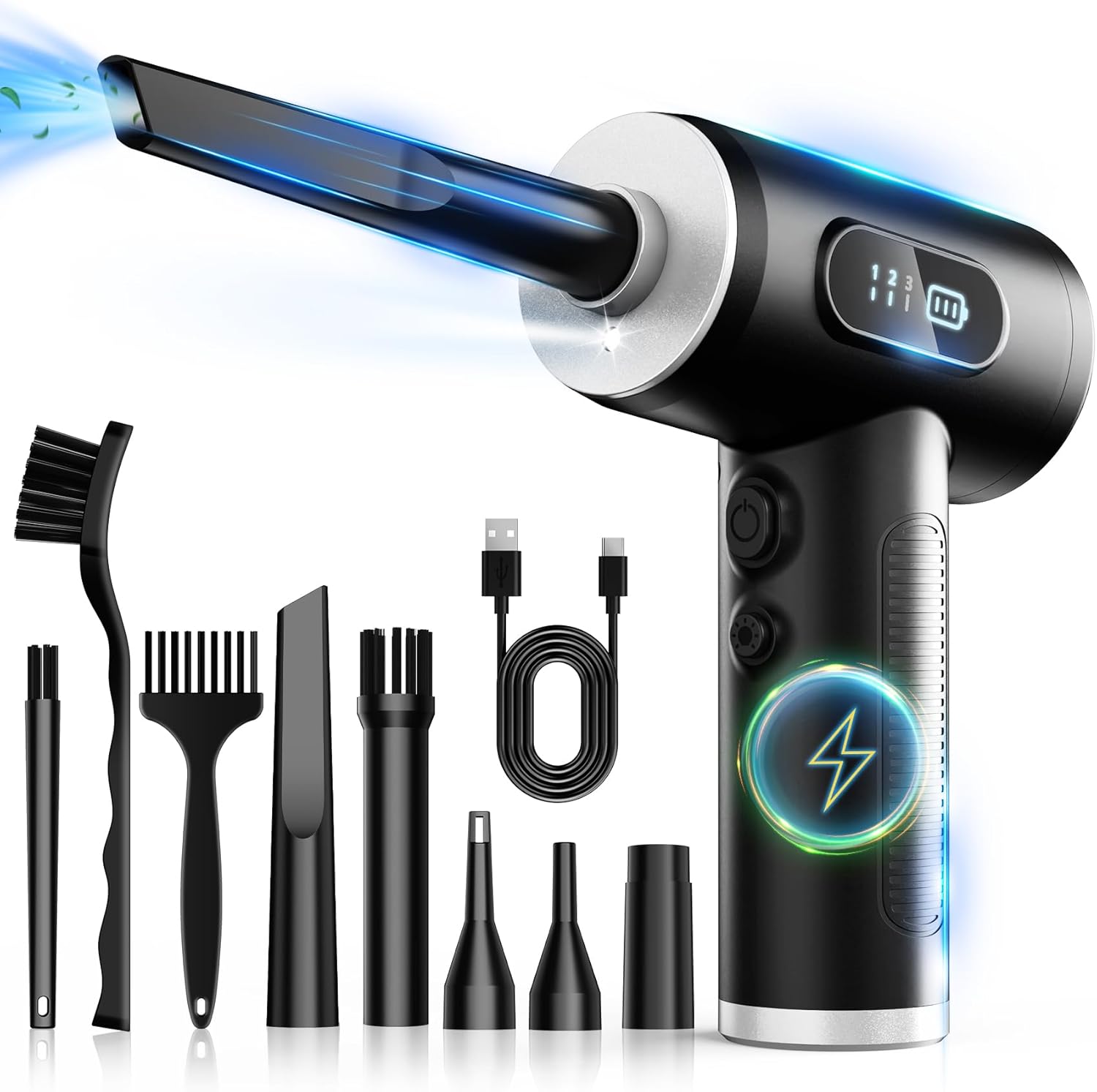 Electric air duster with LED light cleaning a computer keyboard