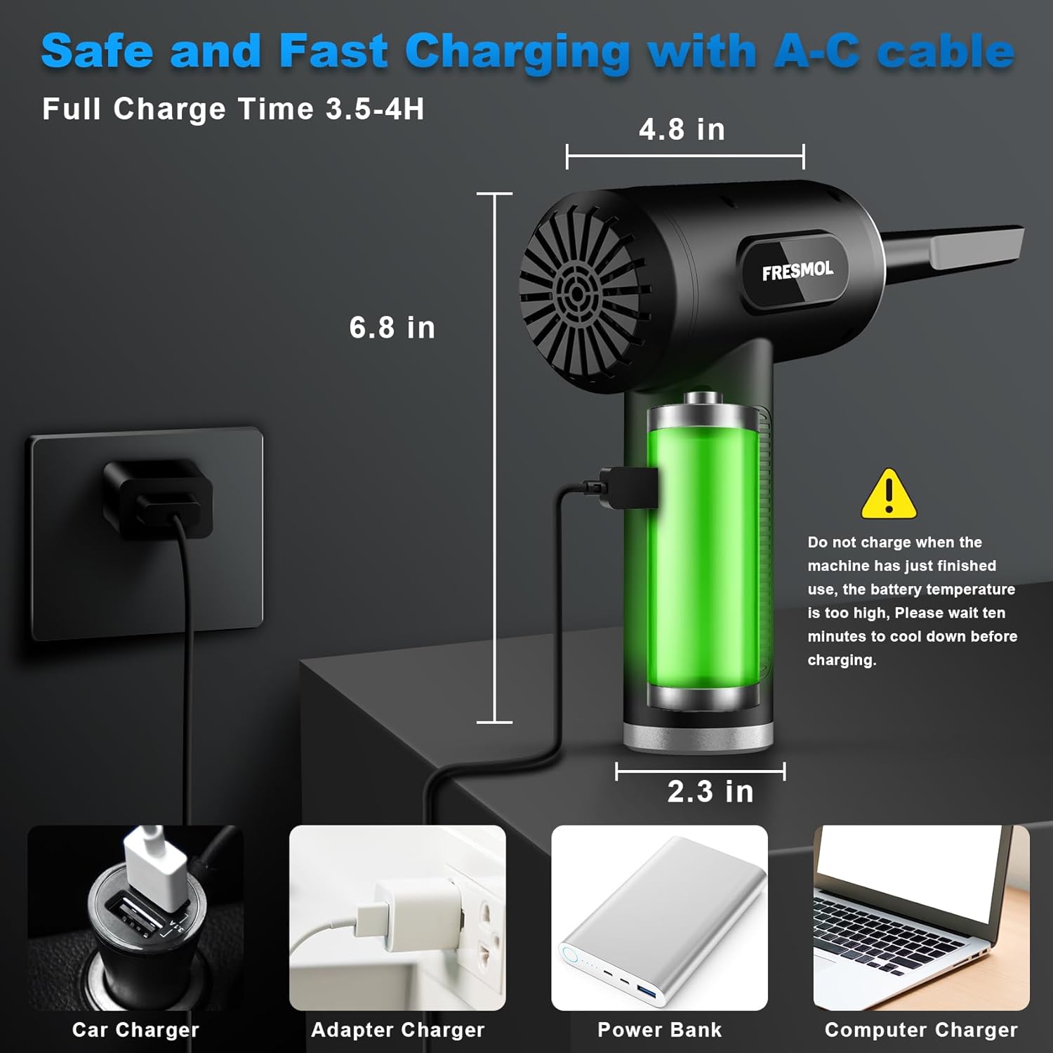 High speed air duster with 3 gear adjustable modes for dust removal.