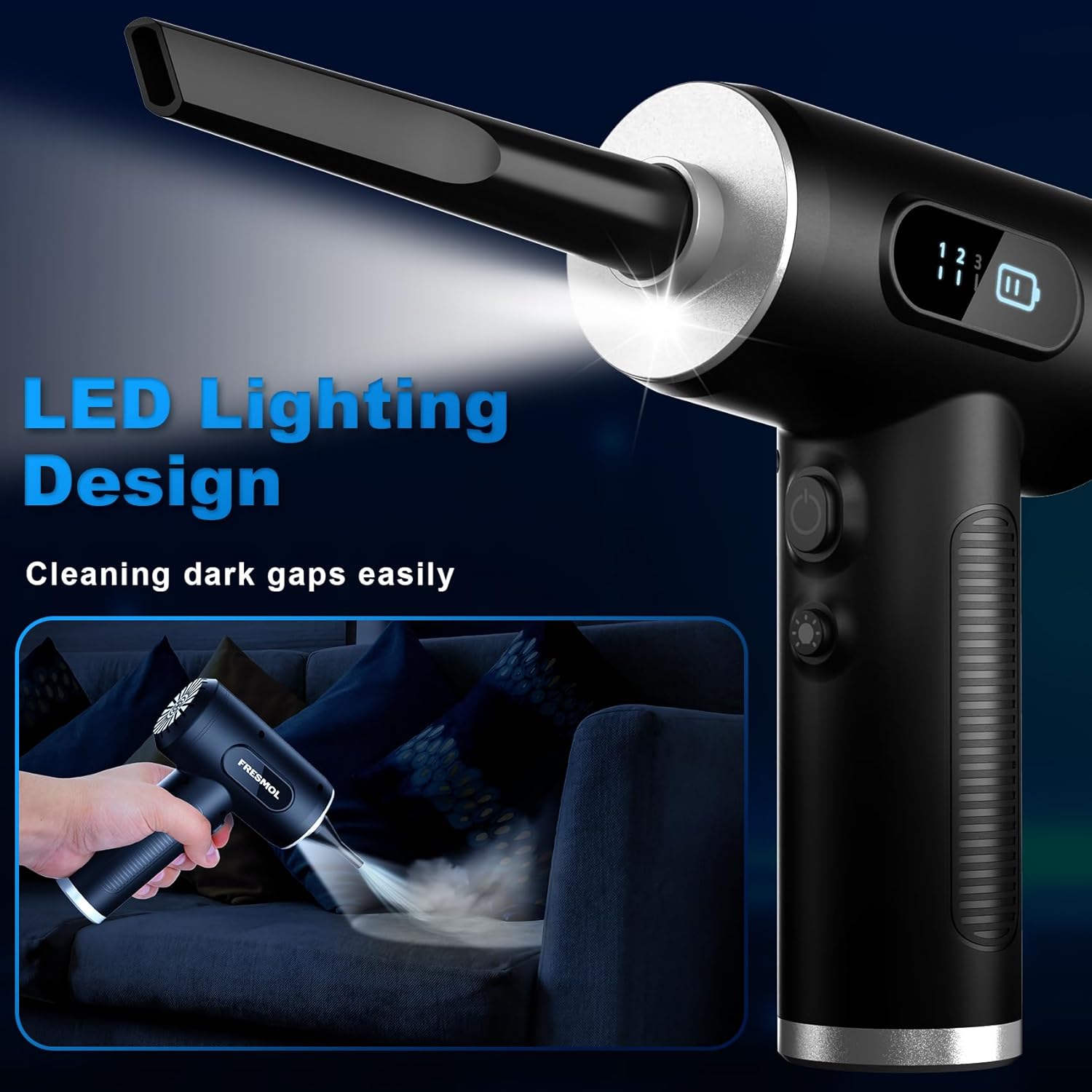 Portable electric dust blower with LED light for cleaning tight spaces.