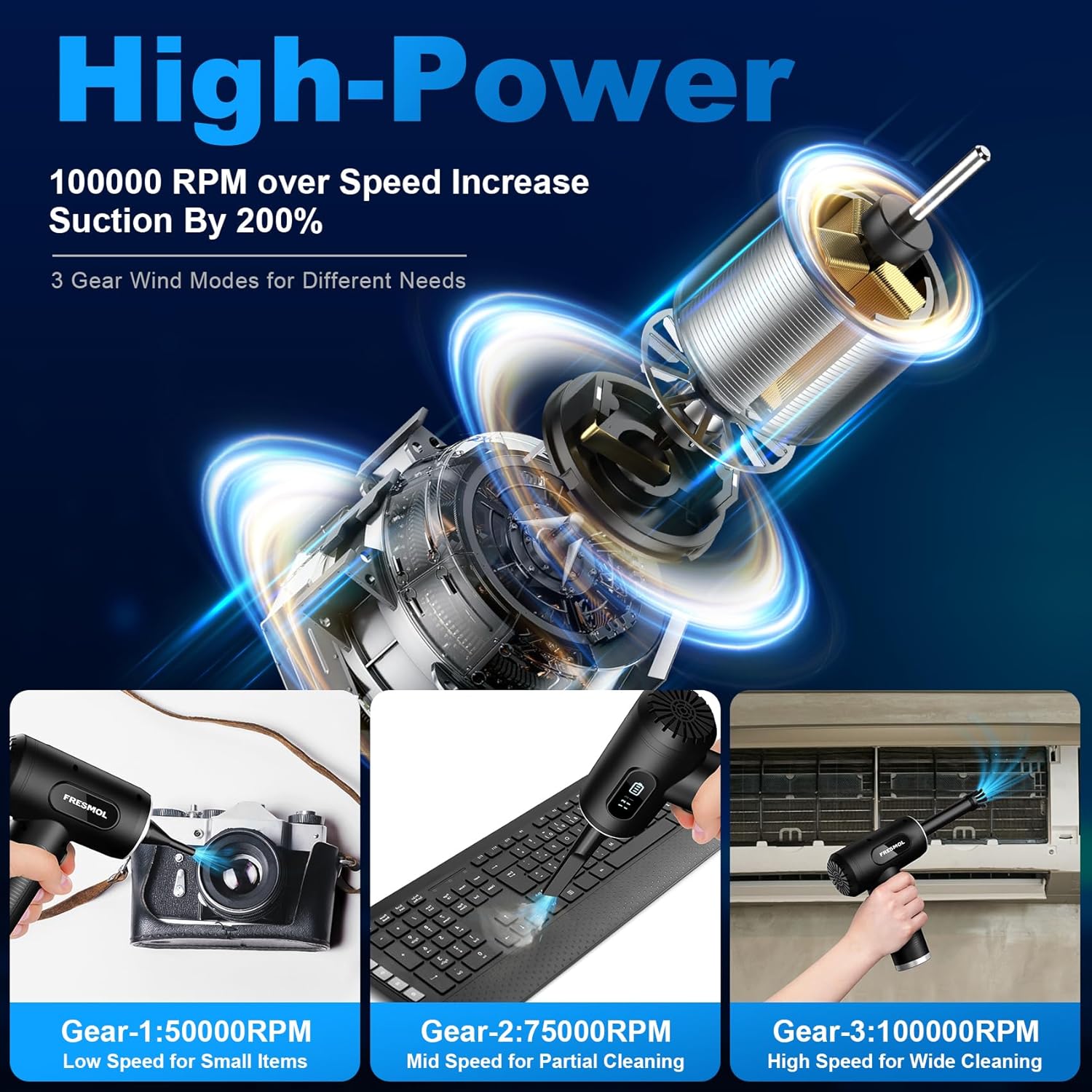 Compact cordless air duster used for car interior and home cleaning.