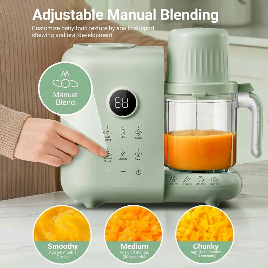 Electric baby food maker with steam baskets and built-in blender for preparing smooth baby meals