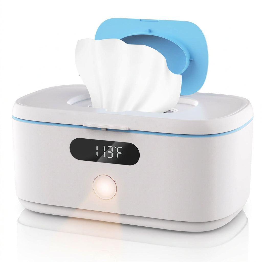 White electric baby wipe warmer with blue flip-top lid, digital front display and a wet wipe extending through the top opening.